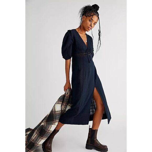 NWT FREE PEOPLE SLOW PACE MIDI DRESS IN BLACK - Picture 1 of 3